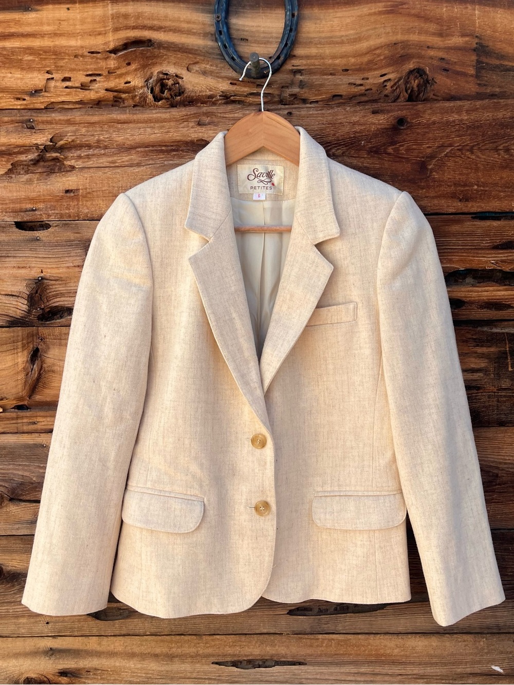 SAVILLE | Vintage Wool 2-Piece Petite Cream Tailored Blazer & Skirt 6